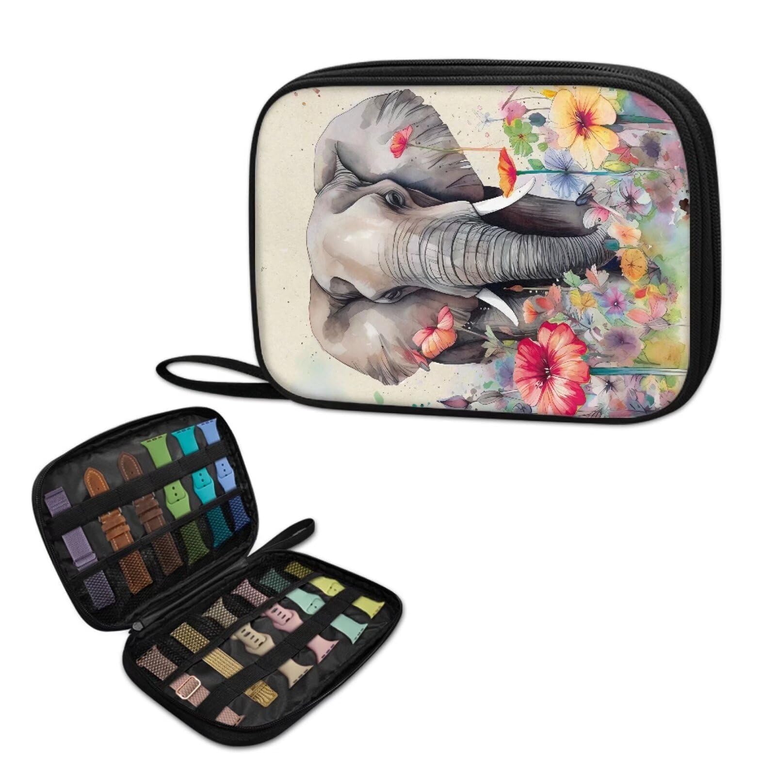 NRBEAWD Watch Band Storage Case Elephant Flower Watch Band Organizer Bag and Storage Watch Bands Holder Carrying Case Compatible with 12 Watch Straps and Accessories