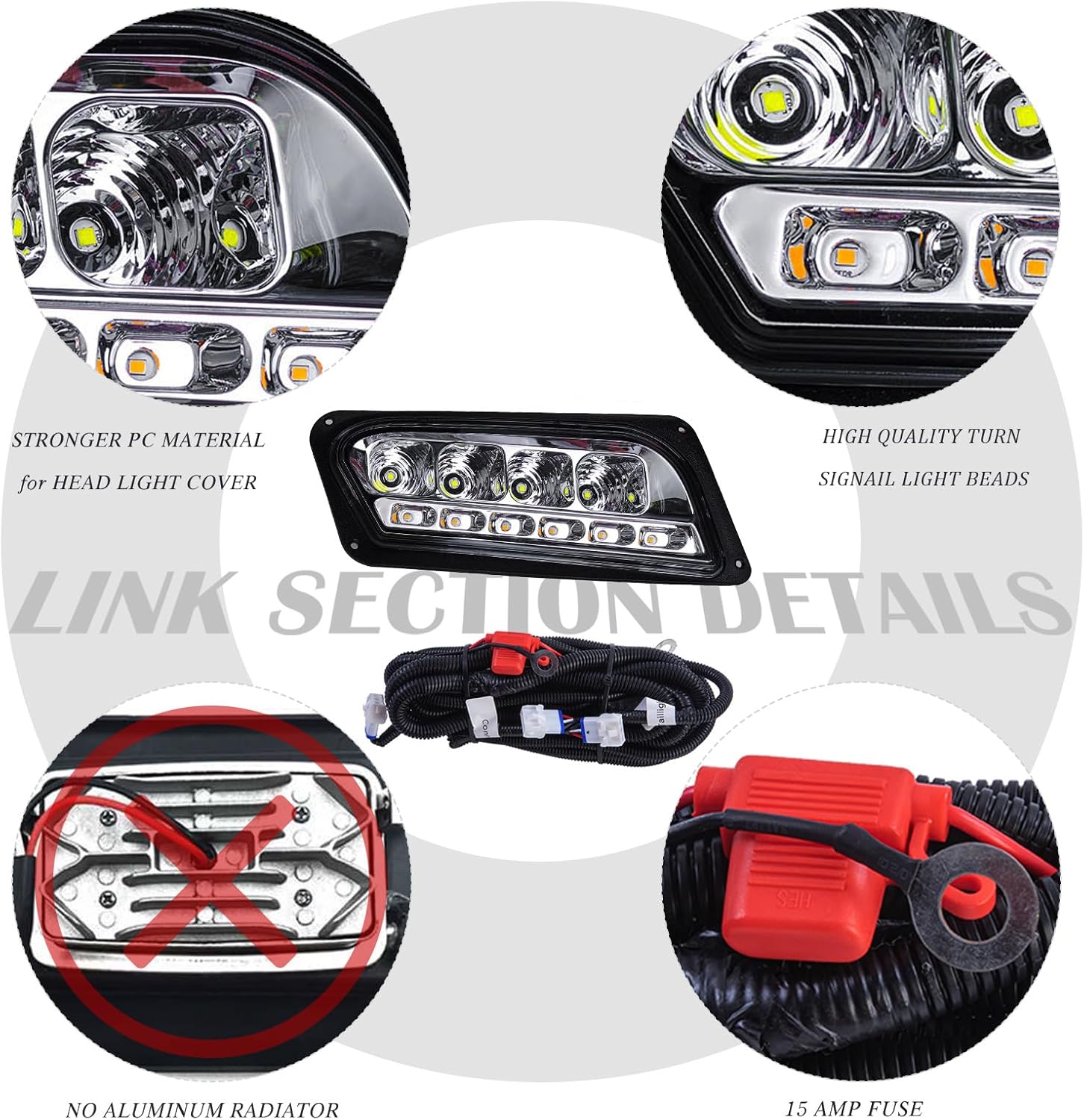 Club Car Tempo LED Basic Light Kit 48V, 2 LED headlight, 2 LED taillight, 1 Basic wiring harness Instruction & hardware included, OEM Style