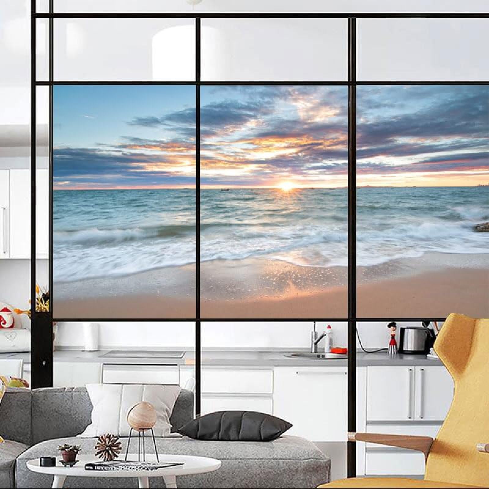 Film Vitre Anti-UV 3D Beau Ciel Et Plage De La Mer Film Occultant Fenêtre Film Electrostatique Vitre Film Fenêtre Non Adhesif Film Autocollant Vitre Pour Maison Bureau Chambre Cuisine Portes 43x120cm