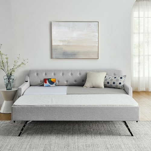 Image of LUSPAZ Twin Size Upholstery Daybed with Trundle and USB Charging Design, Twin to King Design Mid-Century Extendable Sofa Bed, Easy Assembly, No Box Spring Required, for Living Room and Bedroom, Beige