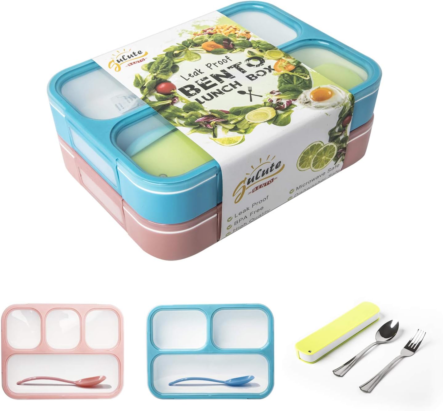 Leakproof Bento Boxes Containers for Kids and Adult Lunch Bento Box Set with 3 and 4 Compartments Microwave and Dishwasher Safe BPA-Free Lunch Box for Work School Travel