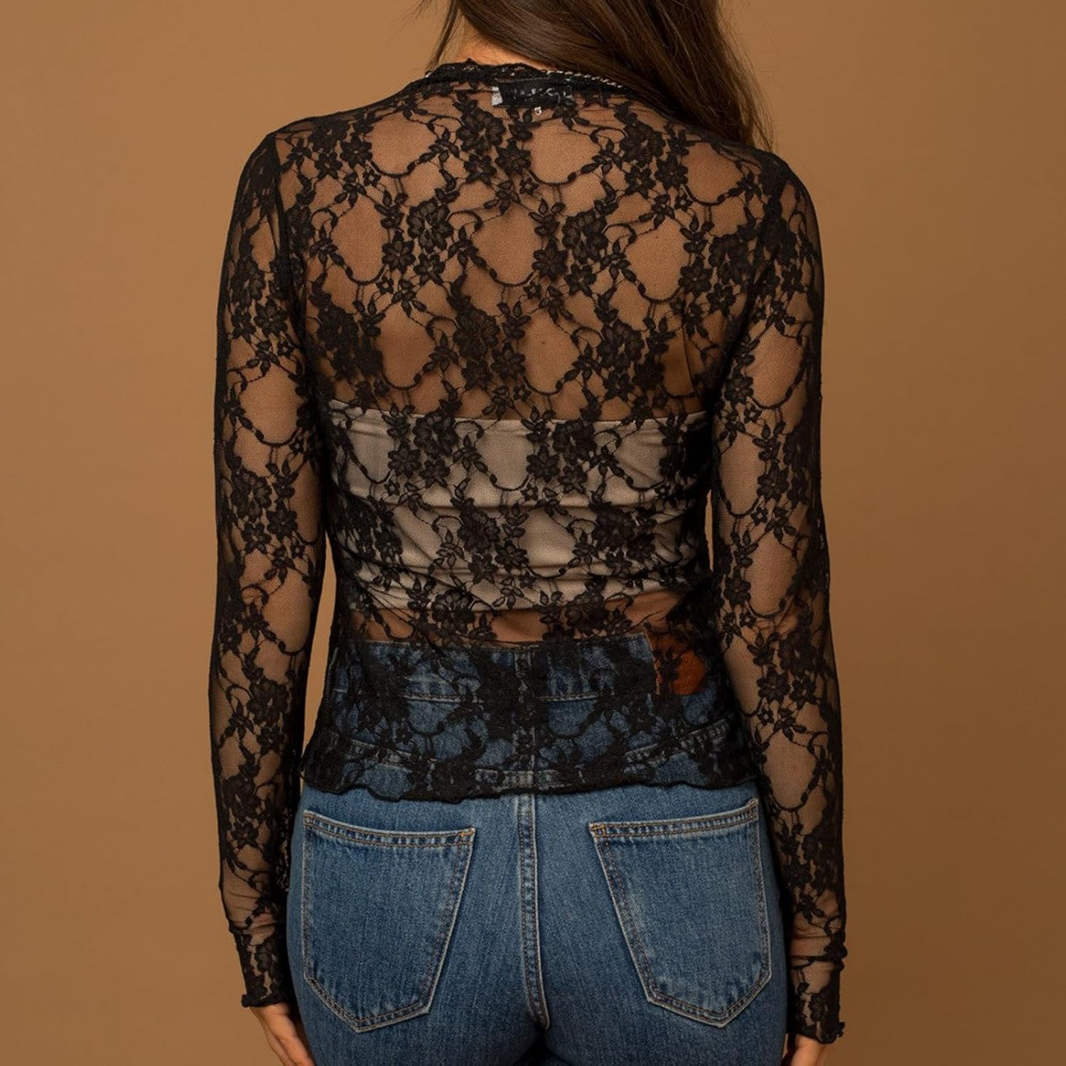 Sheer Mesh Long Sleeve Layering Top for Women Mock Neck Floral Lace Tshirt See Through Shirt Blouse Undershirt - Image 7