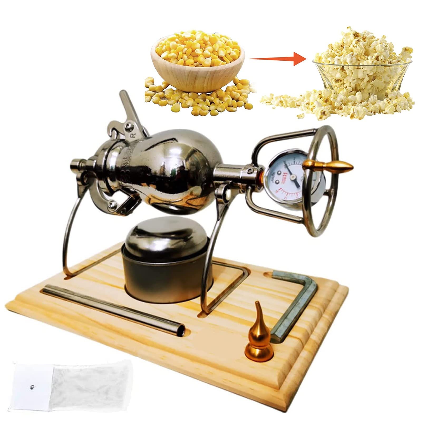 CIRONI 2023Nowa ręczna maszyna do popcornu, mini ręczna maszyna do popcornu o pojemności 260 ml, stal nierdzewna 304, retro, korba ręczna, powolne doładowanie ogrzewania z manometrem