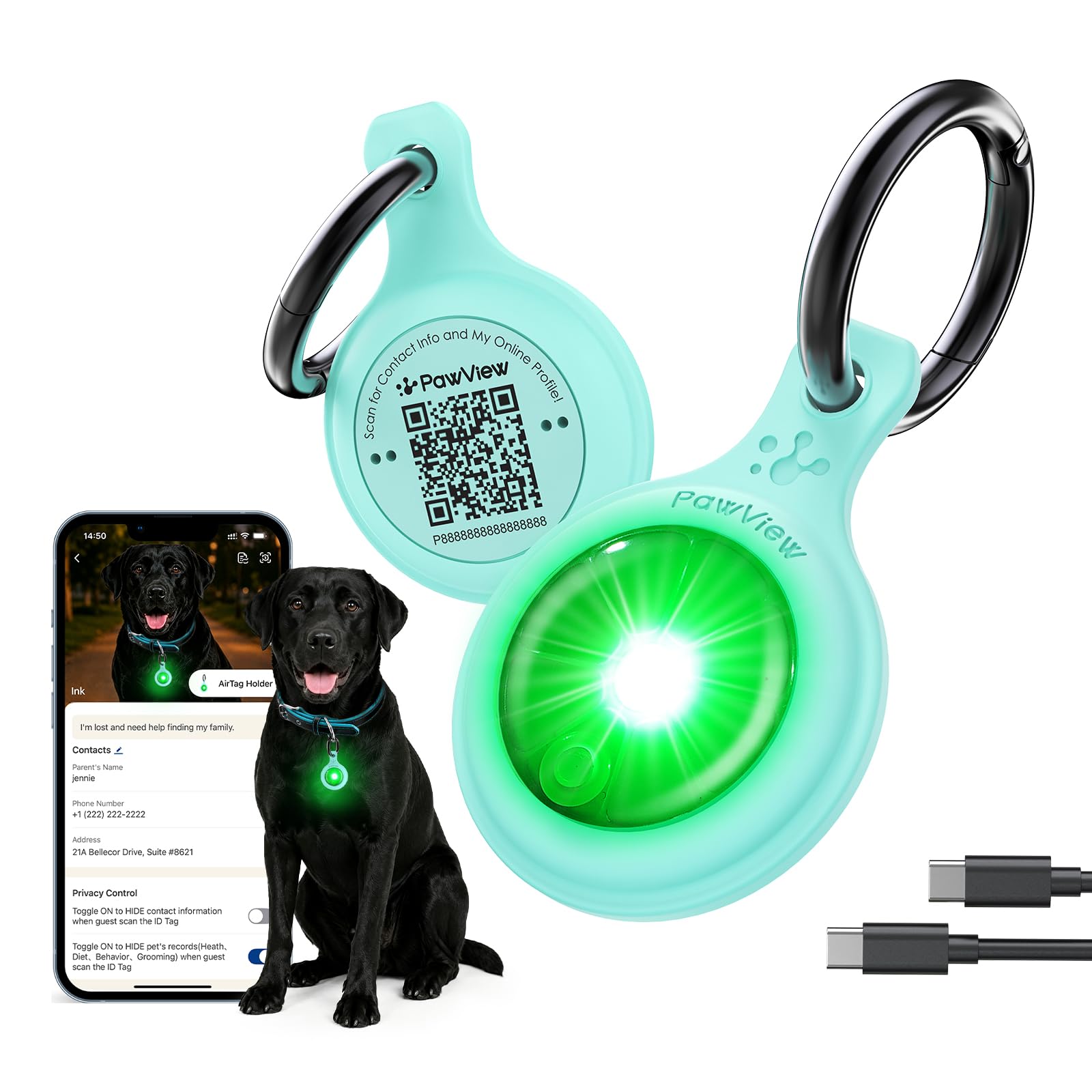 PawView Rechargeable Dog Collar Light with QR Code, 3 Modes LED Safety Dog Lights, Clip-On Pet ID Tag for Night Walking, Running, Camping, Green