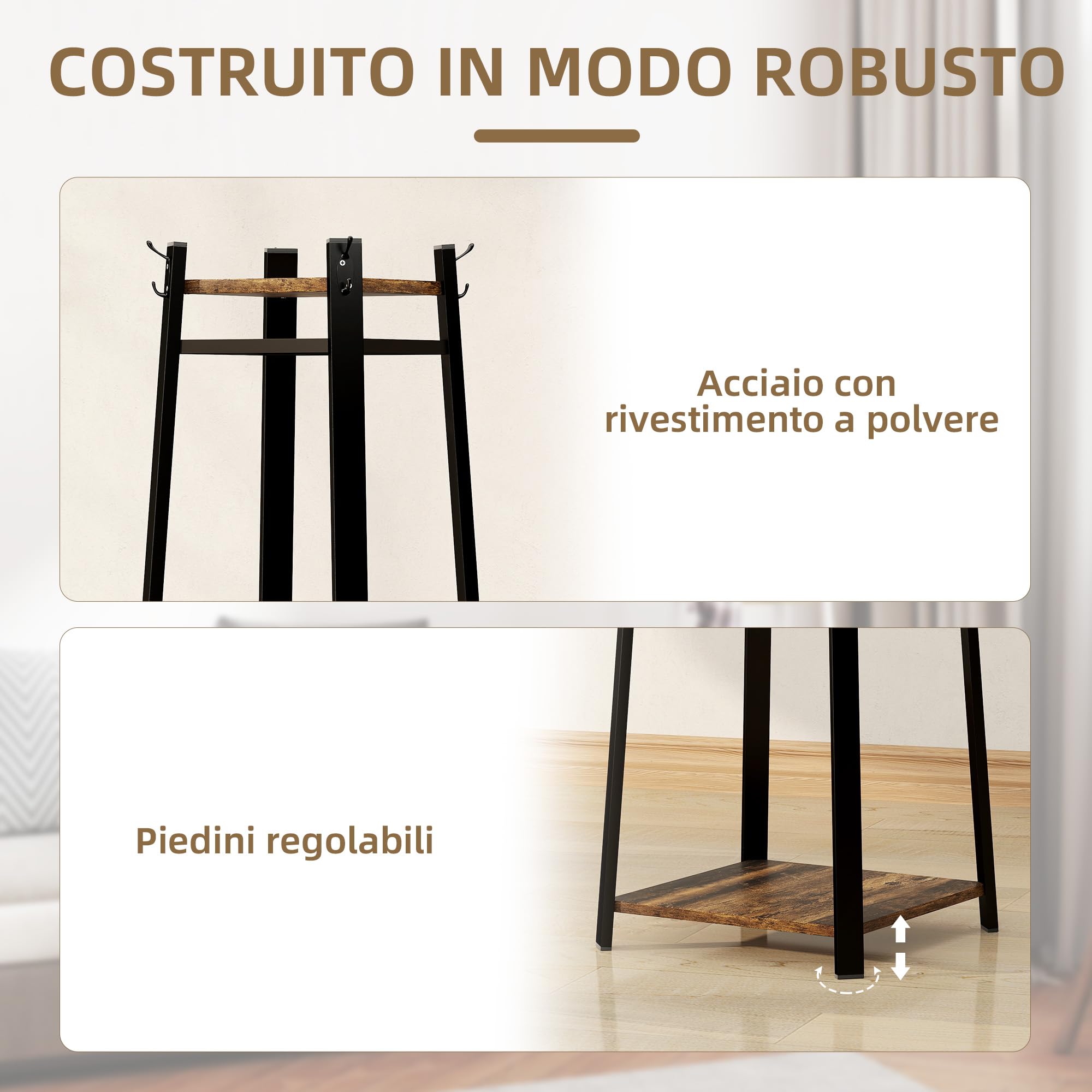 HOMCOM Appendiabiti da Terra con 8 Ganci, 3 Ripiani e Mensola Superiore, Attaccapanni Design a Trapezio per Ingresso, Camera da Letto e Salotto, 42x42x170 cm, Marrone Rustico