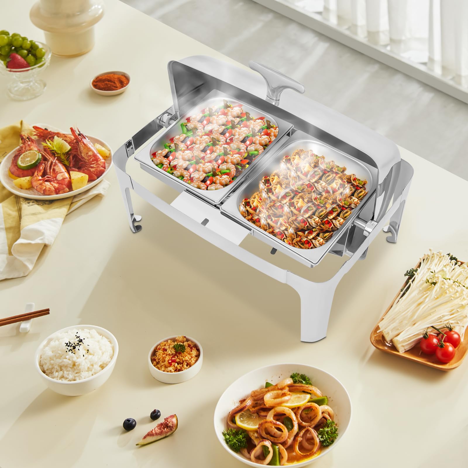 Chafing Dish, contenitore in acciaio inox, 9 litri per bacino, contenitore per alimenti, scaldavivande con rolltop, contenitore di calore, chafing dishes per catering buffet e feste