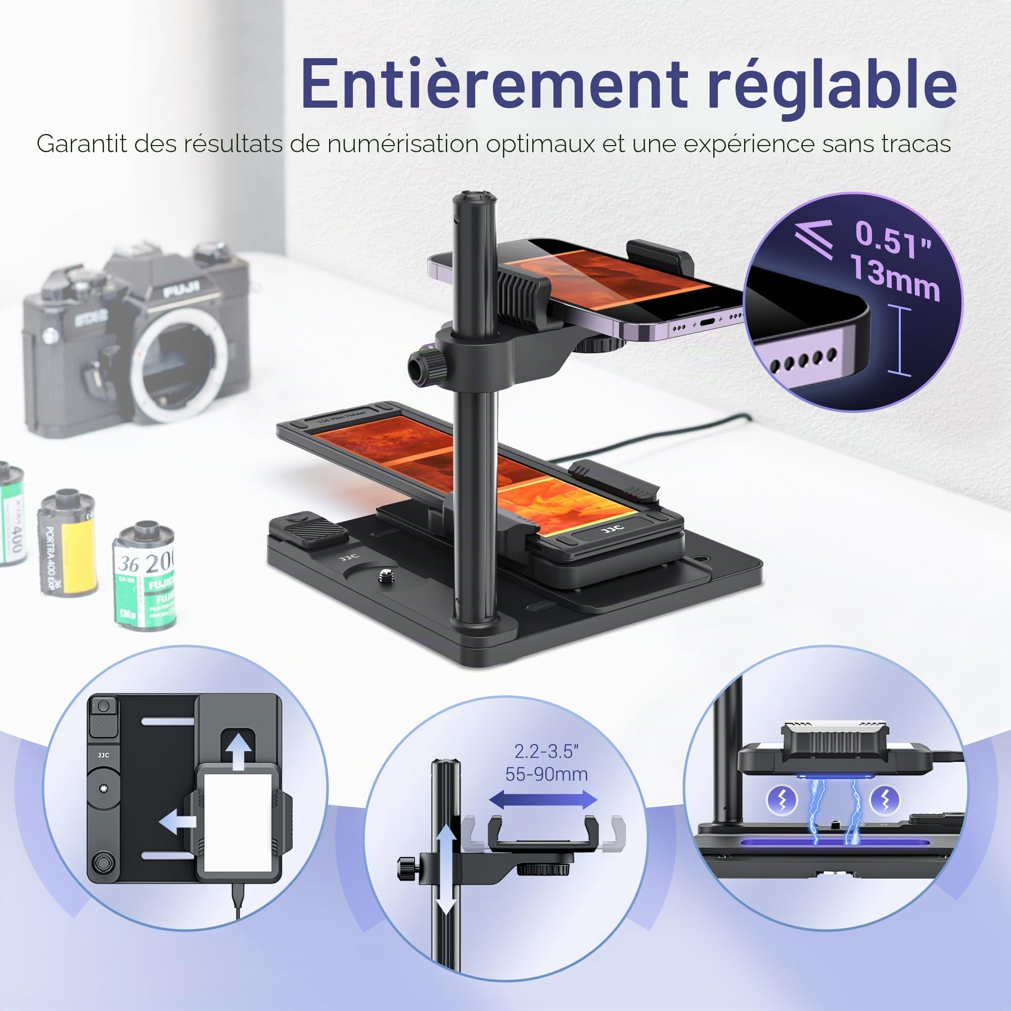 JJC Adaptateur de Numérisation Mobile pour Diapositives Photo, Copie Négative et Visionneuse de Film avec Panneau Lumineux et Support 35 mm