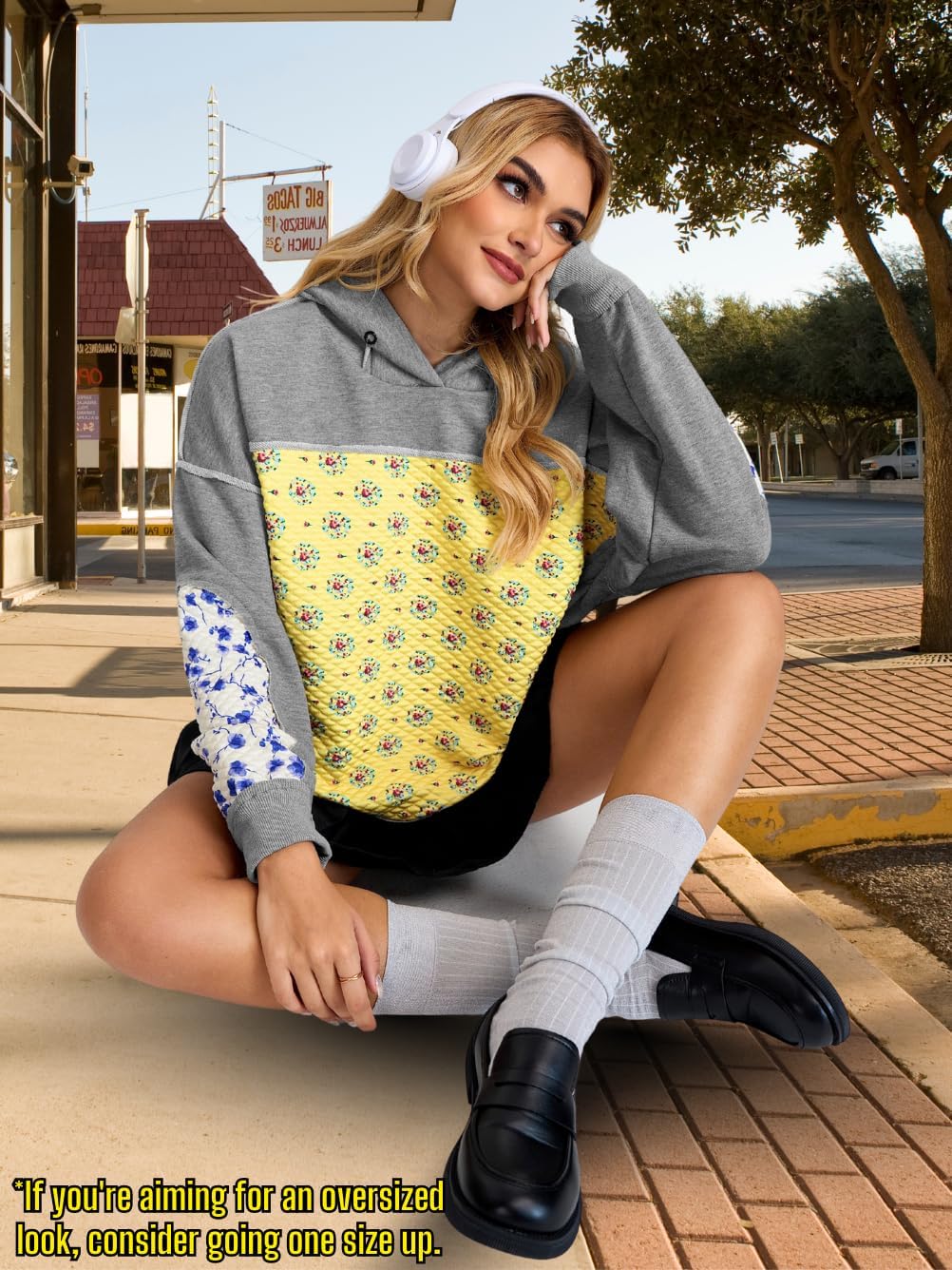 Women's Floral Patchwork Quilted Hoodies, Vintage Graphic Casual, Drop Shoulder Long Sleeve Sweatshirt Size 4-16 - Image 7