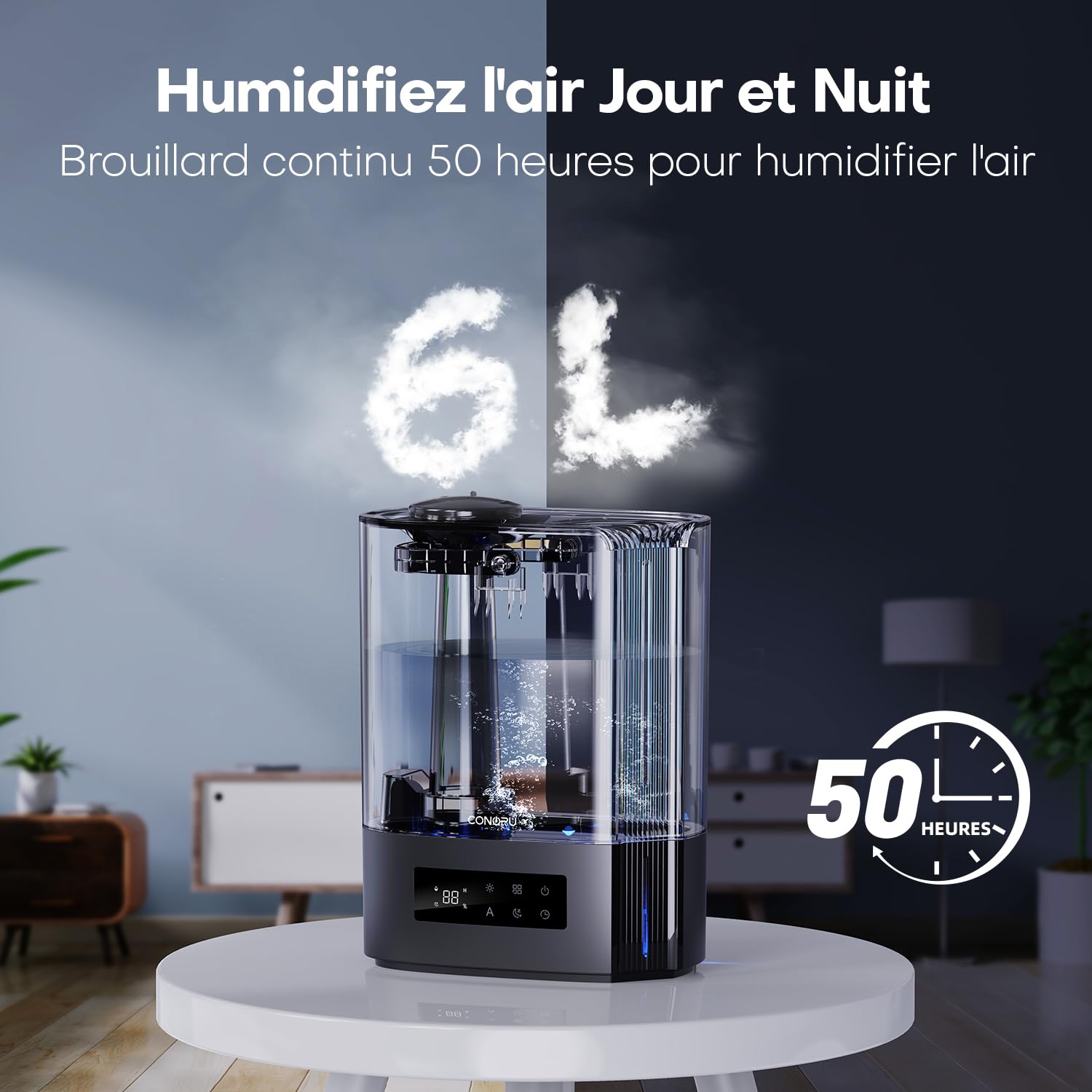 CONOPU Humidificateur d'Air à Ultrasons 6L, Humidificateur d'Air Chambre Silencieux avec Trois Modes et Fonction Température Constante, Humidificateur pour Bébé et Plantes d'Intérieur