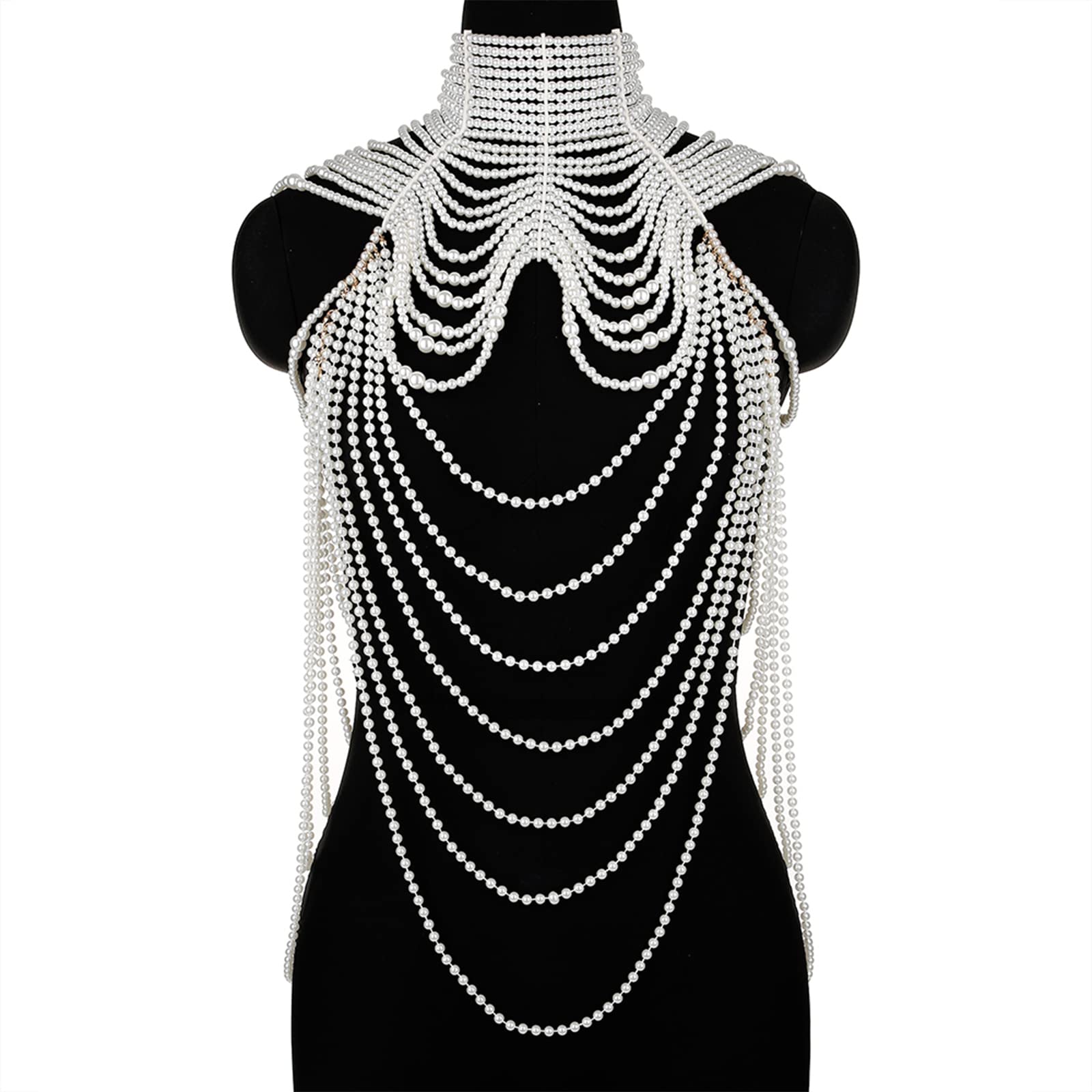 Collana con bavaglino di perle simulate multistrato per donna Collare con perline nappa in finta pelle con catena a tracolla Reggiseno Top Body Jewelry collana da donna in argento sterling lungo