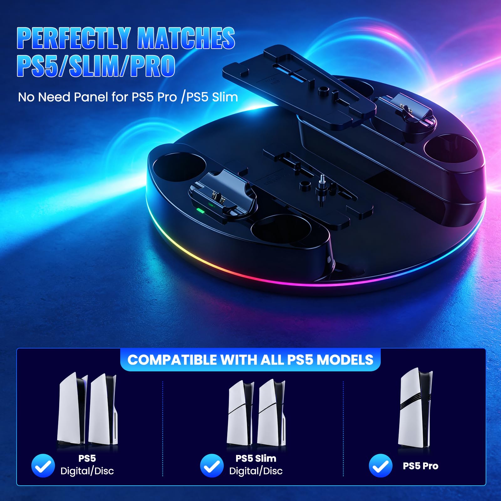 NEWDERY for PS5/Slim/Pro Stand Console, Fast Charging Station Compatible with PlayStation 5 Controllers with Adjustable RGB Light, Charging Station for All PlayStation 5 Console - Blcak