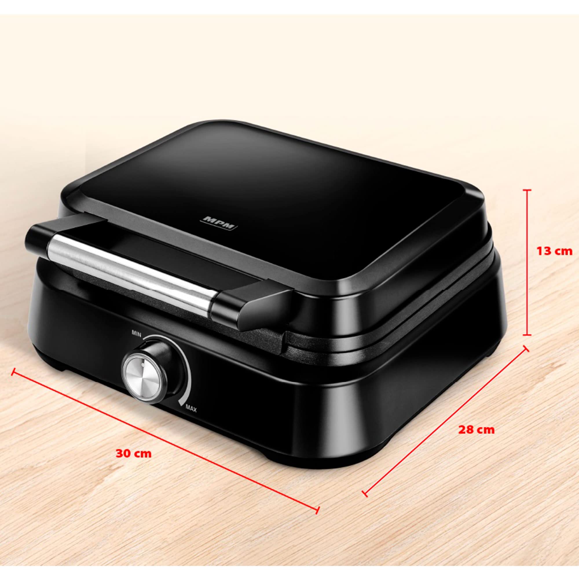 MPM MGO-40 Gofrera Profesional para 2 Gofres Belgas Gruesos, Placas Antiadherentes, Regulador de Temperatura, 1500W, Negro