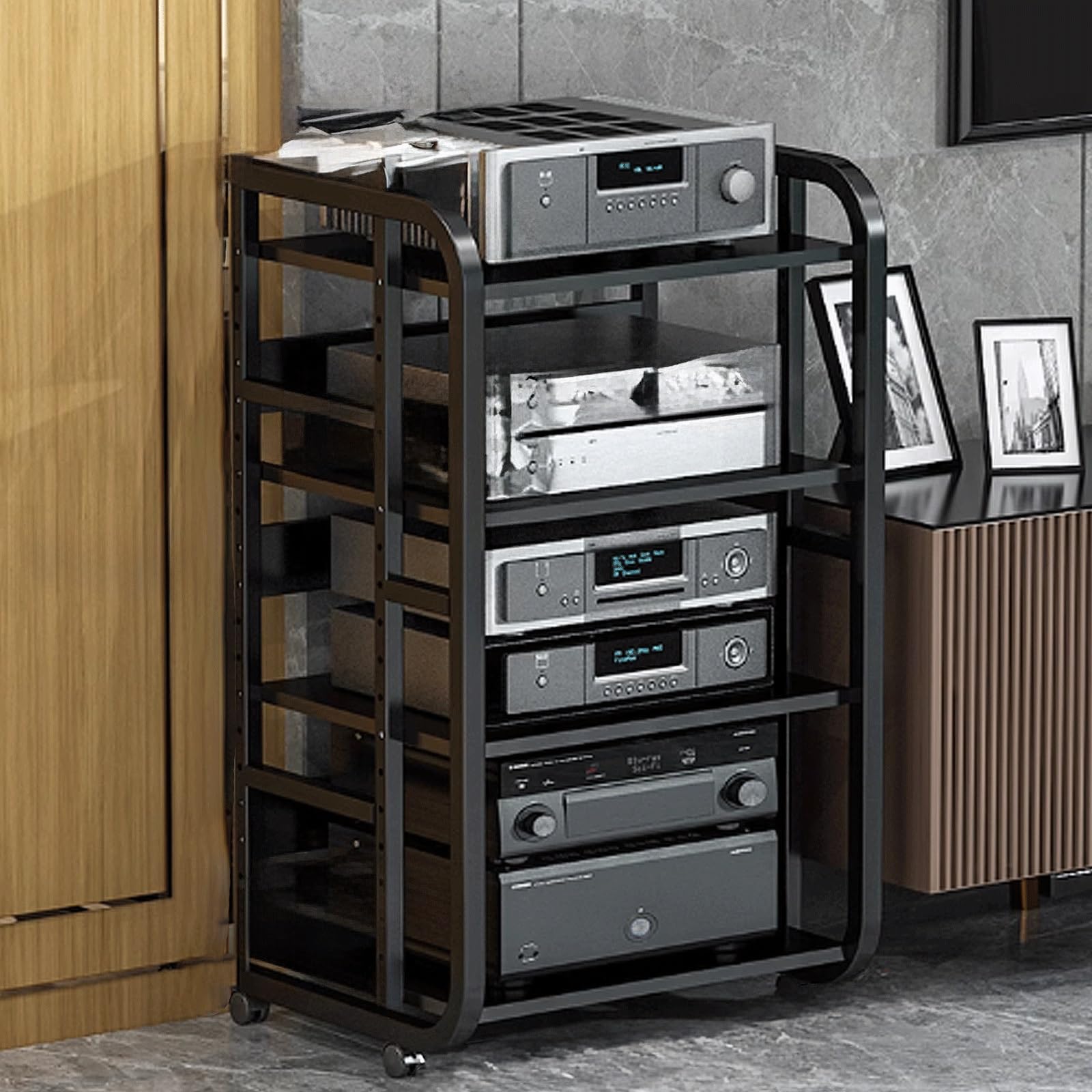 Support multimédia AV Robuste avec roulettes universelles. Étagère de Rangement cubique à 5 Niveaux pour matériel Audio-vidéo. Disponible en 2 Tailles et 3 coul，Black+Black 4 Layer