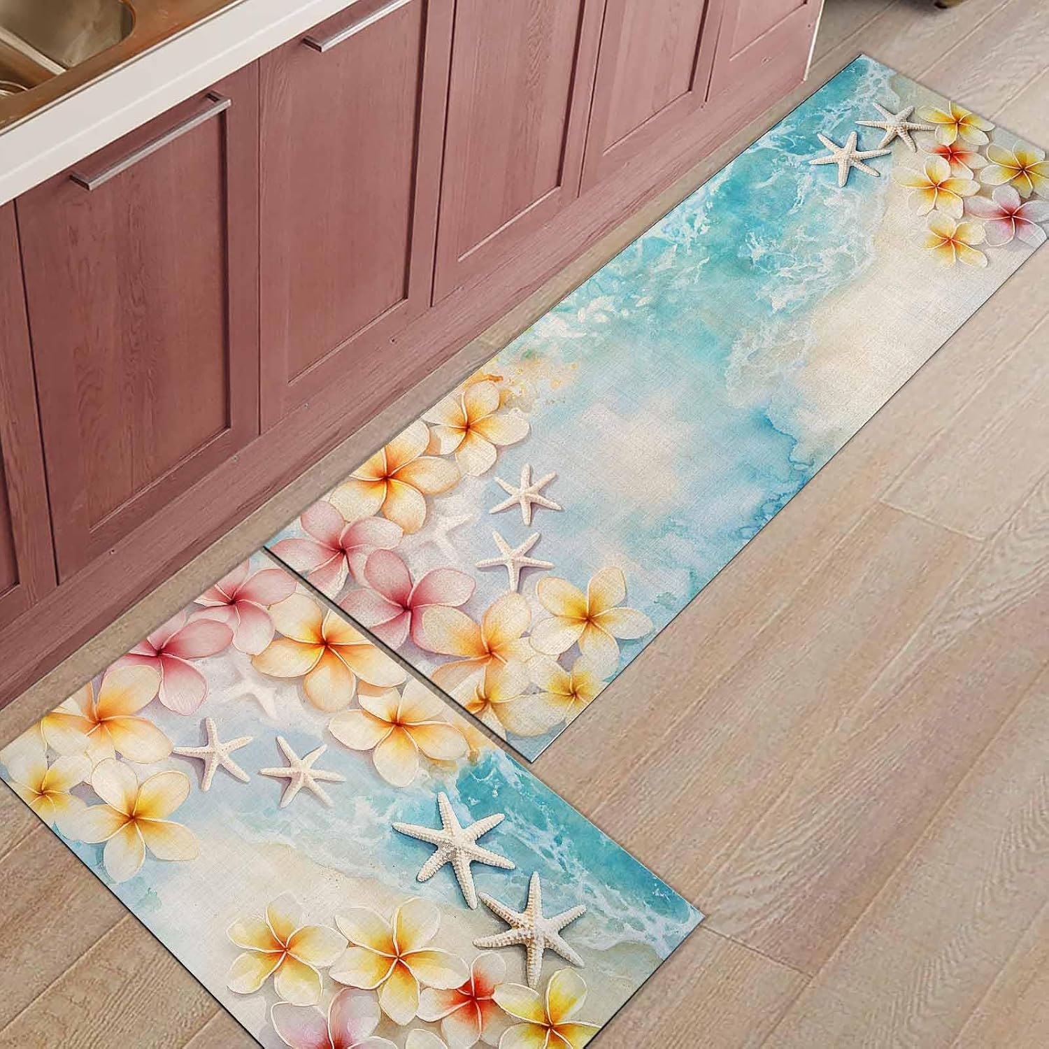 2 Pieces Kitchen Rugs and Mats,Coastal Beach Flower Starfish Area Runner Rug Set Non Slip Floor Doormat Washable Carpet Standing Mat for Kitchen Sink Indoor Corridor,Summer Ocean Wave Scenery
