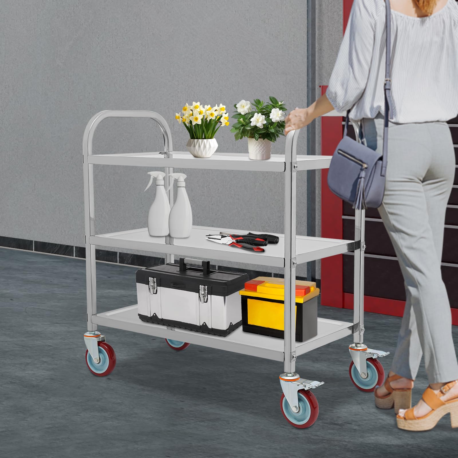 OUKANING Carro de cocina de acero inoxidable con 3 estantes, carro de servicio de alta capacidad de carga y ruedas silenciosas, isla de cocina móvil y estante de cocina para microondas, cocina
