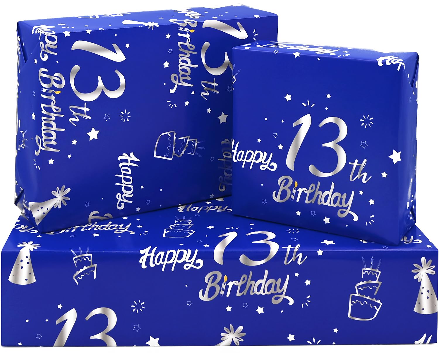 13th Birthday Wrapping Paper,5Pcs 50 * 70cm Blue Silver Wrapping Paper for Boys Girls Birthday Decorations