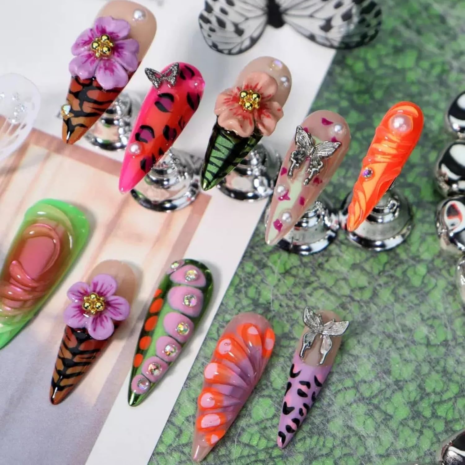 3D Floral Butterfly Press on Nails Long Stiletto Fake Nails Pure Hand-Painted Nail Animal Print with Design Coloful Stick on Nail Exquisite False Nail for Women Spring Manicure (M)