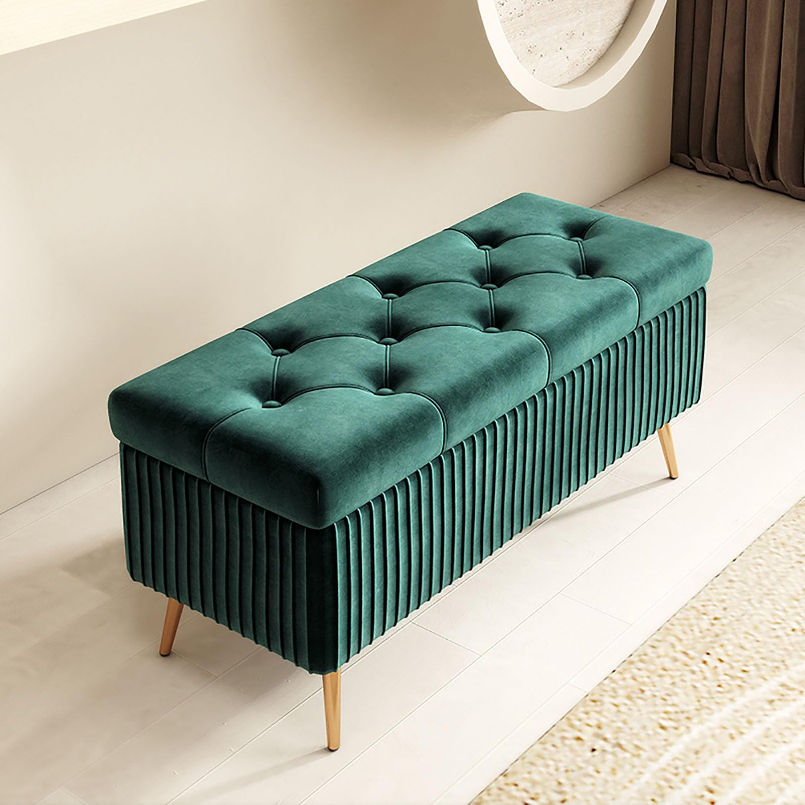 Banc de rangement vert foncé 150 cm avec coussin et repose-pieds en métal