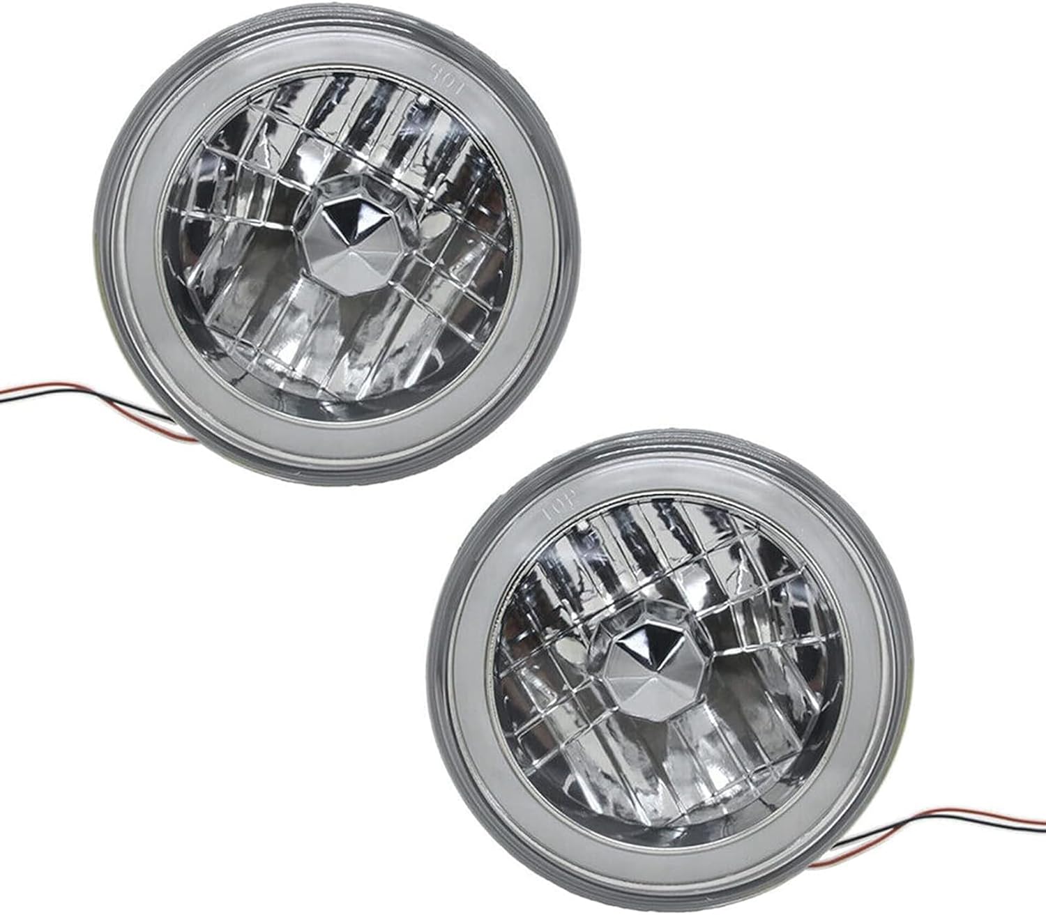 YLT AUTO Front 7" Inch Universal Headlights Pair of Round Chrome Housing Clear Lens Diamond Cut