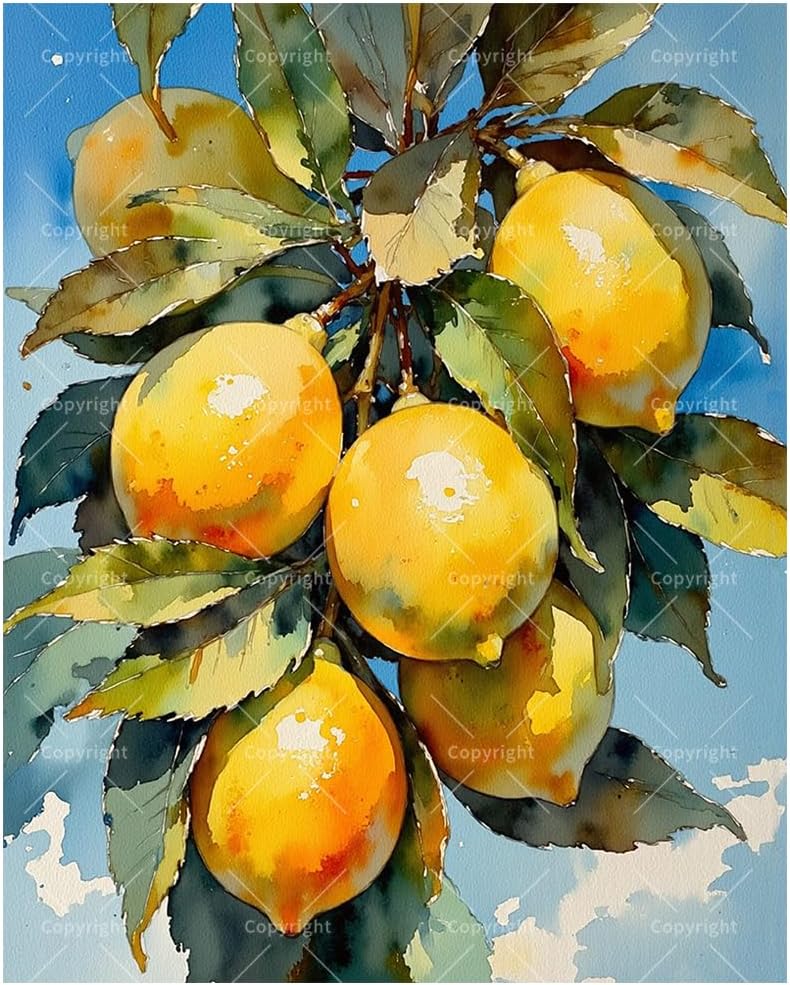 Citrus Paint by Numbers Kit for Adults - DIY Vibrant Yellow Lemons Hanging from a leafy branch Painting on Canvas 8x12In, Framed Acrylic Paint Set for Beginners, Fruit Art for Home Decoration/Gifts