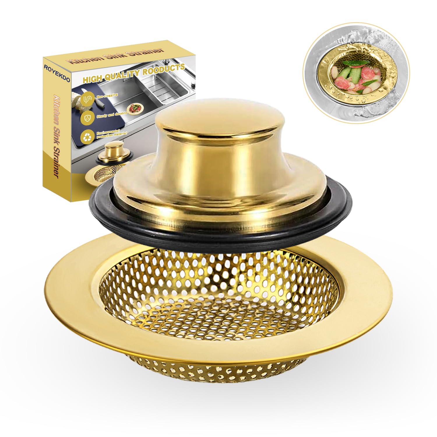 RQYEKDO Kitchen Sink Strainers Sink Stopper Kits, Stainless Steel Sink Drain Strainer Set, Large Wide Rim 4.4" Diameter Food Catcher Garbage Disposal Plug for Most Sink Drains Basket Filter (Gold)