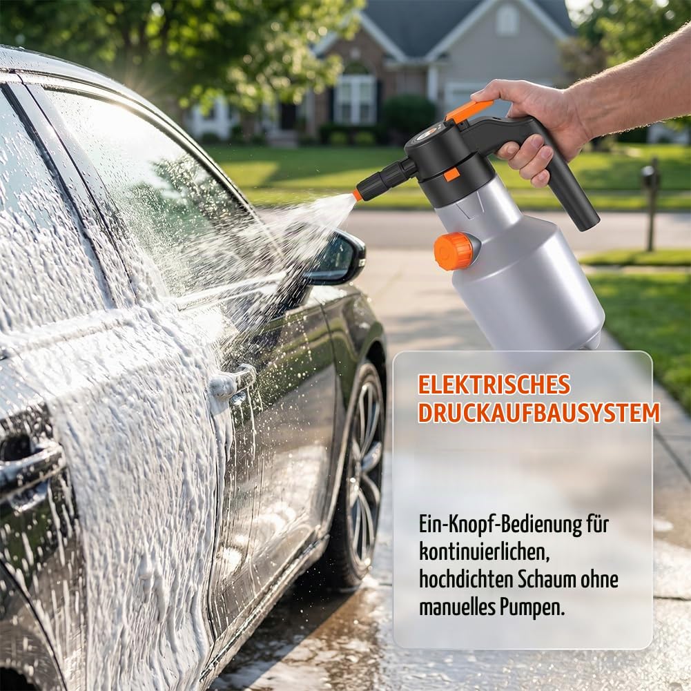 Elektrische Hochdruck-Schaumpistole mit XXL-Tank & Langer Akkulaufzeit, Elektrischer Schaumsprüher Auto 2L, Tragbare Schaumpistole Autowäsche & Foam Sprayer für Auto, Haushalt & Küche (Grau)