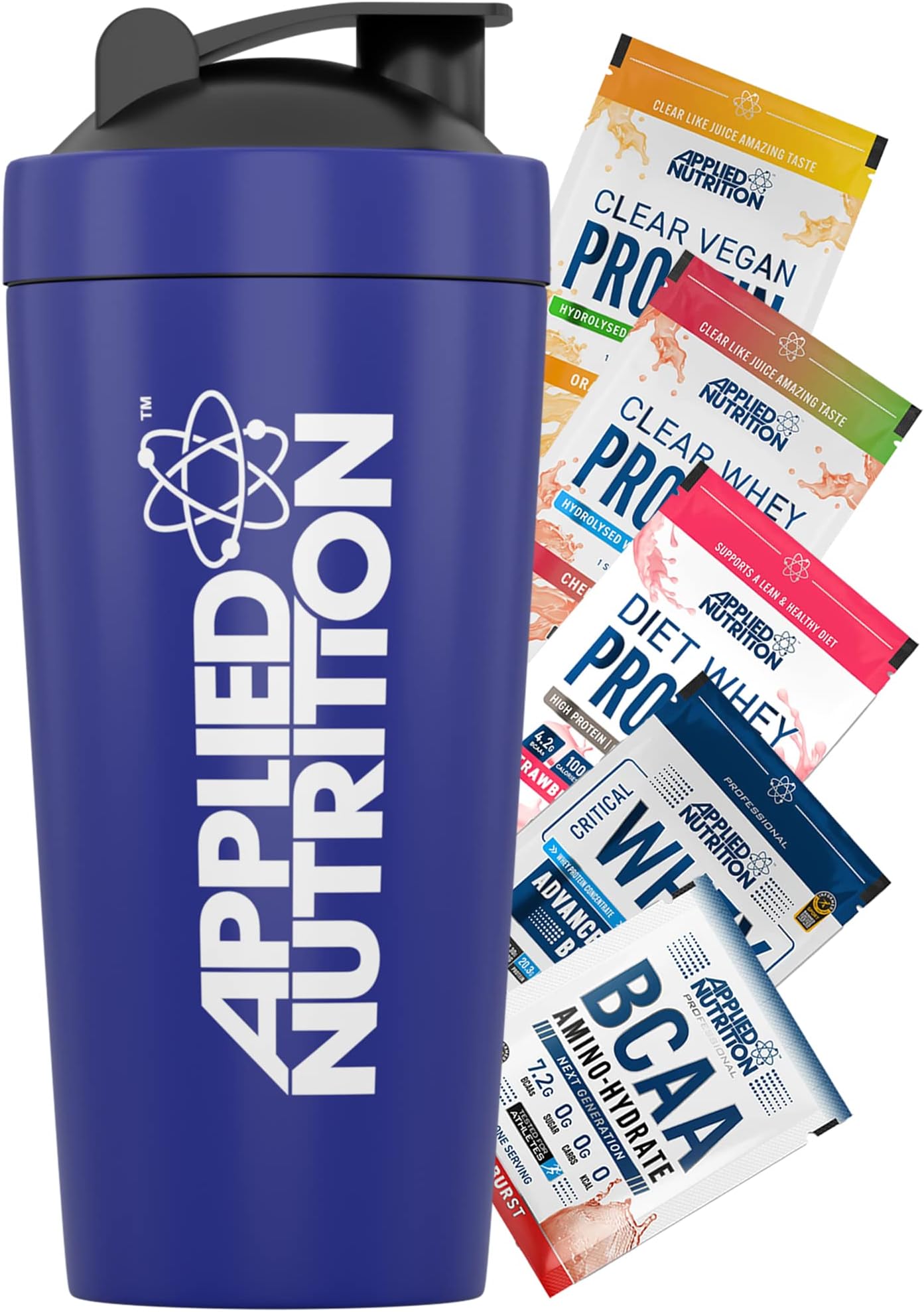 Bundle Metal Protein Shaker + 5 Sample Bundle - Sports Supplements Stainless Steel Shaker, Metal Shaker Bottle, Durable & Lightweight (750ml)