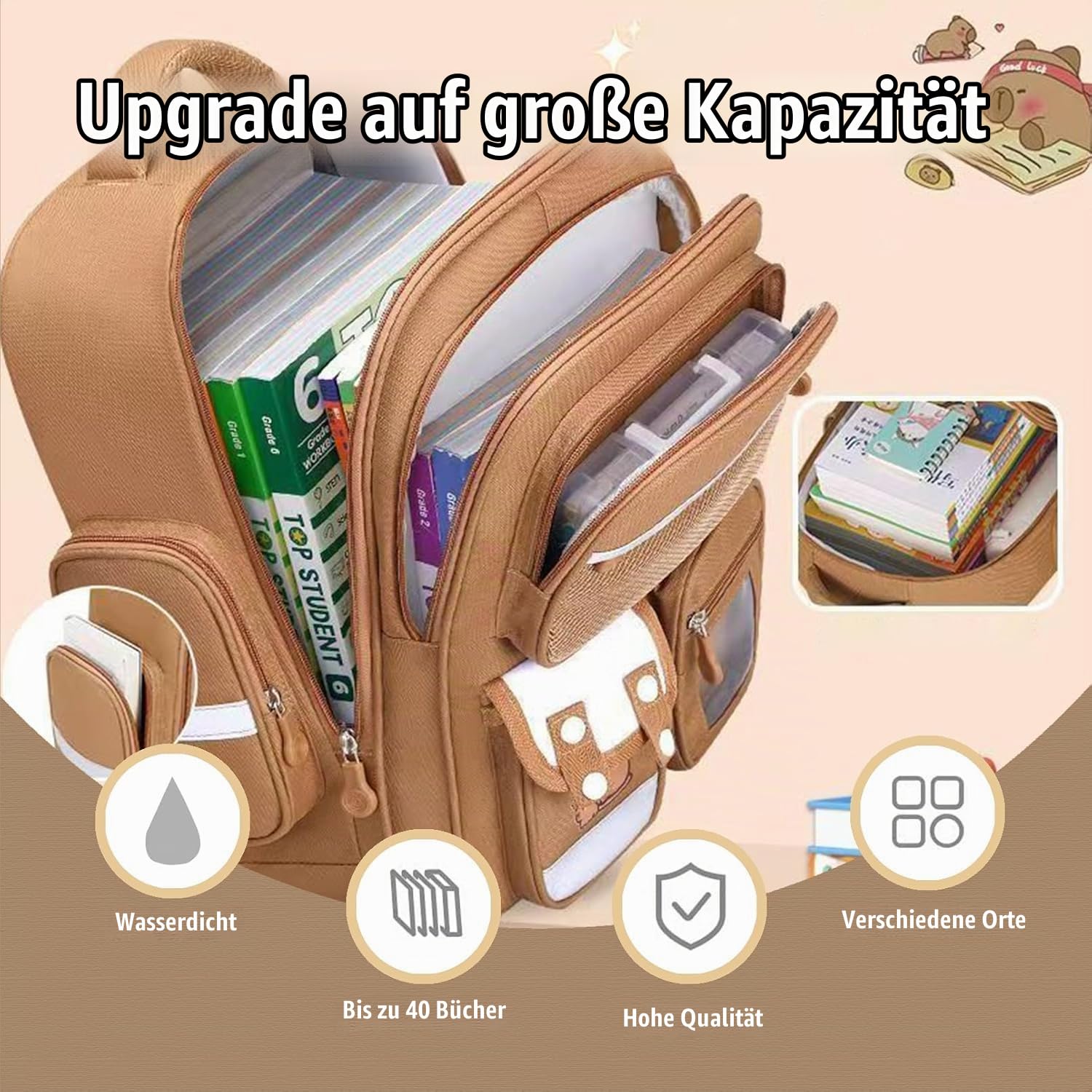 Capybara-Rucksack für Mädchen und Jungen mit gepolsterten Trägern und mehreren Fächern, Capybara-Schultasche mit Lunchtasche und Schreibwarenset, Geschenk für Teenager und Schüler