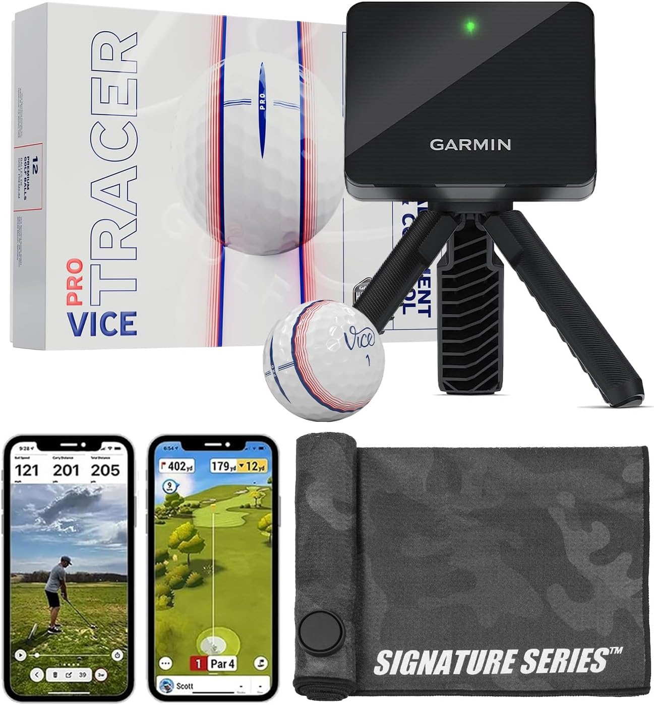 Garmin Approach R10 Portable Golf Launch Monitor with Vice Pro Balls | Practice at Home or on The Driving Range | Track Metrics, Record Video, 43,000+ Courses | with Signature Series Golf Towel