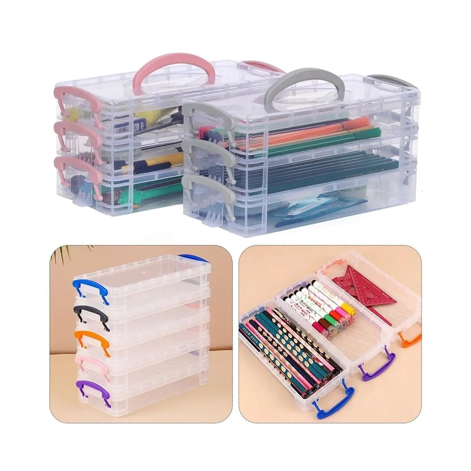 Aufbewahrungsbox für Markierungsstifte 3/6-schicht Pinsel Box Tragbare Abnehmbare Farbe Stift Lagerung Box Multi-funktion Aquarell Schreibwaren Veranstalter Student für Büro(Pink,Large)