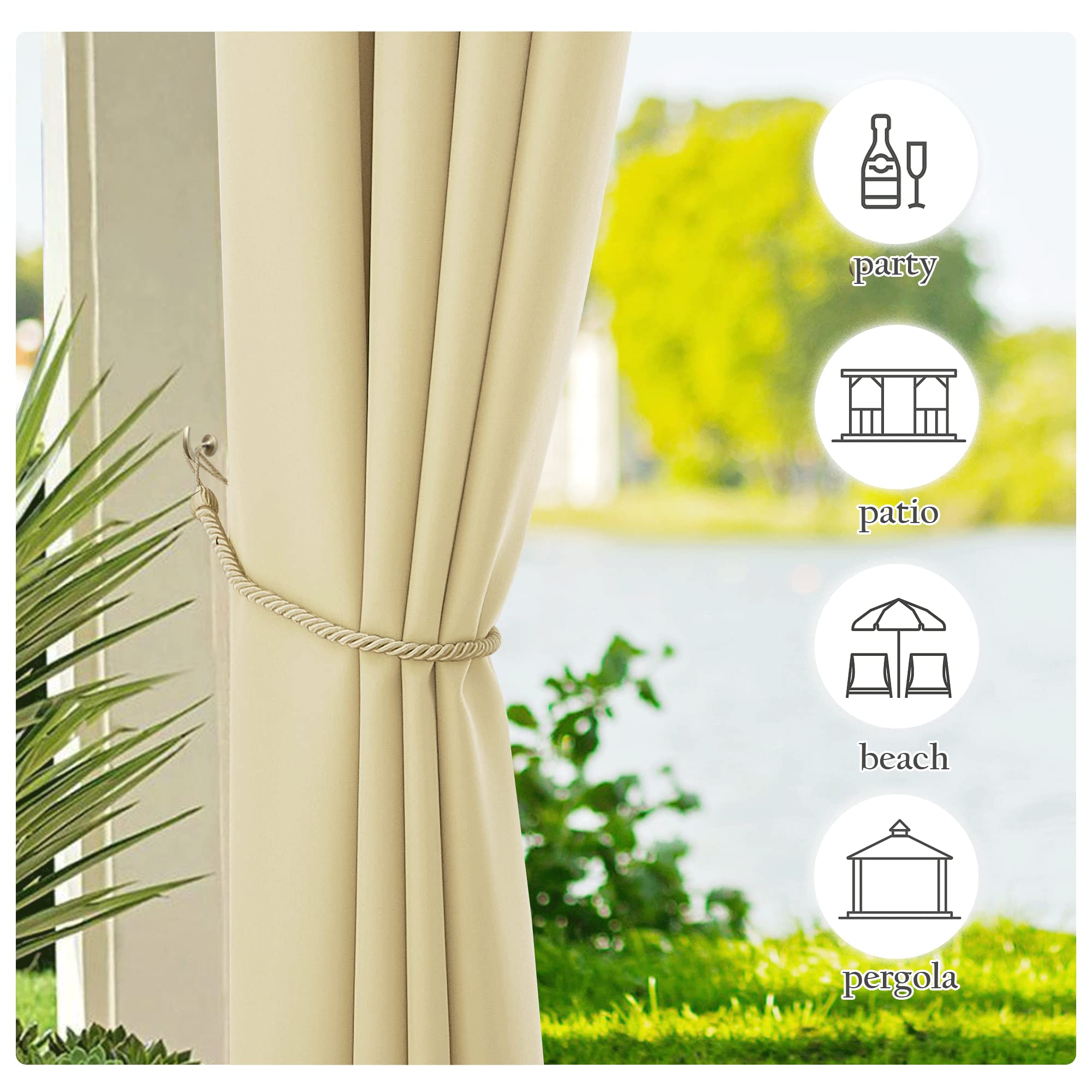 PONY DANCE Tende da Sole per Esterno con Anelli 2 Pezzi L 140 x A 213 cm Curtains Impermeabile Beige per Gazebo e Balconi Tende Termiche per Porta Esterna