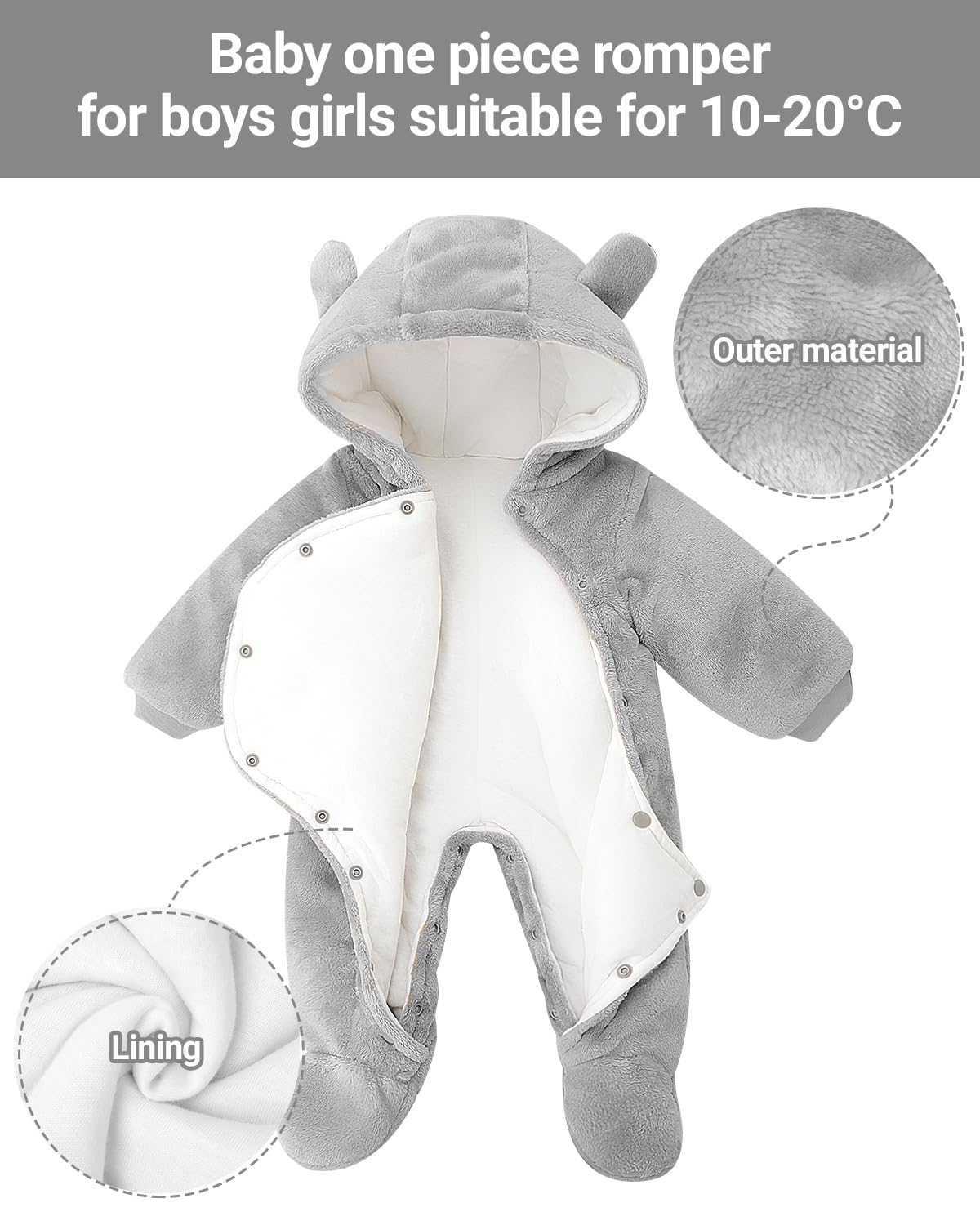 Salopette per Neonato Romper Invernale in Flanella Playsuit con Piedini Felpa con Cappuccio Cartoon,Grigio 0-3 Mesi