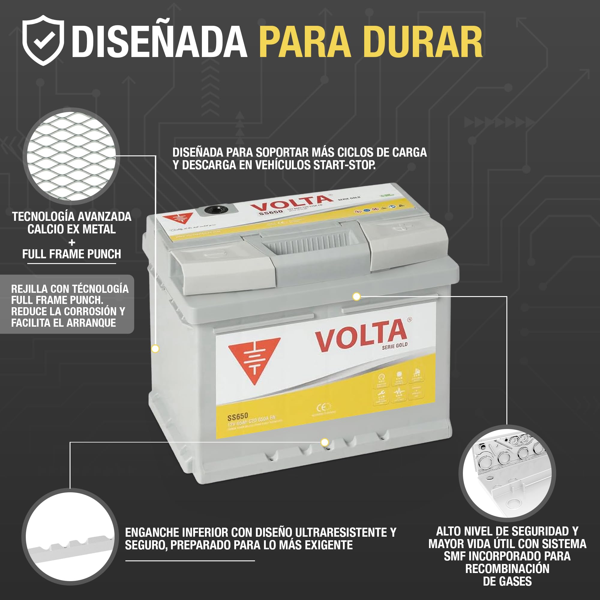 Bateria de Coche Gold 65Ah 650A Start-Stop Básico EFB Volta SS650D - Borne +Dcha - Medidas Largo 242 x Ancho 175 x Alto 190 mm con 2 años de Garantía - Fabricación Europea.