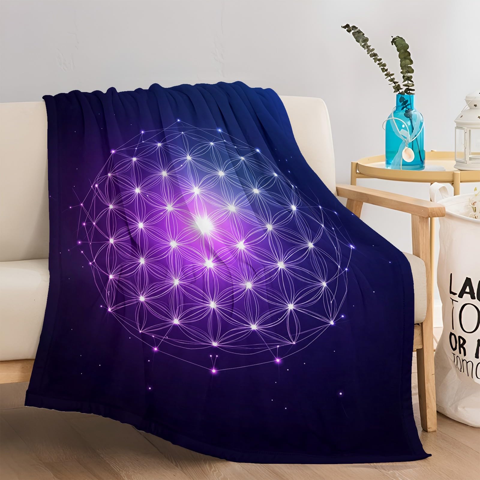 Kuscheldecke Flauschig Decke 150x200 cm Weich Warme Flanell Fleecedecke Dacke für Sofa Blume des Lebens Lila, Bettüberwurf Couchdecke Sofadecke Wohndecke Tagesdecke