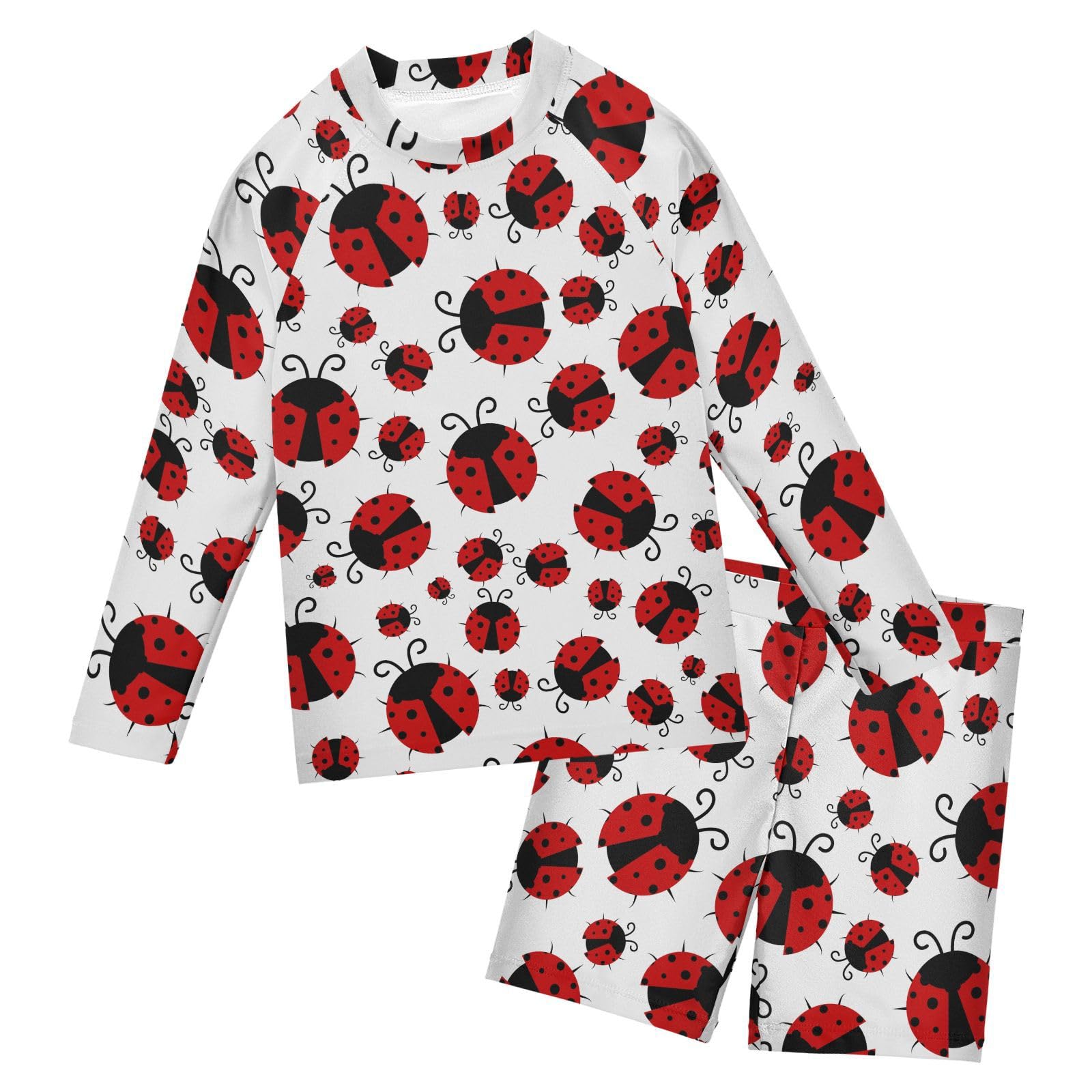 Aflyko Kids' Bathing Suit Set Little Red Ladybug Vivid Long Sleeve Swim Tops with Shorts Summer Vacation Pool Party Rashguard Fun Cute Toddler Infant Beachwear, 4T