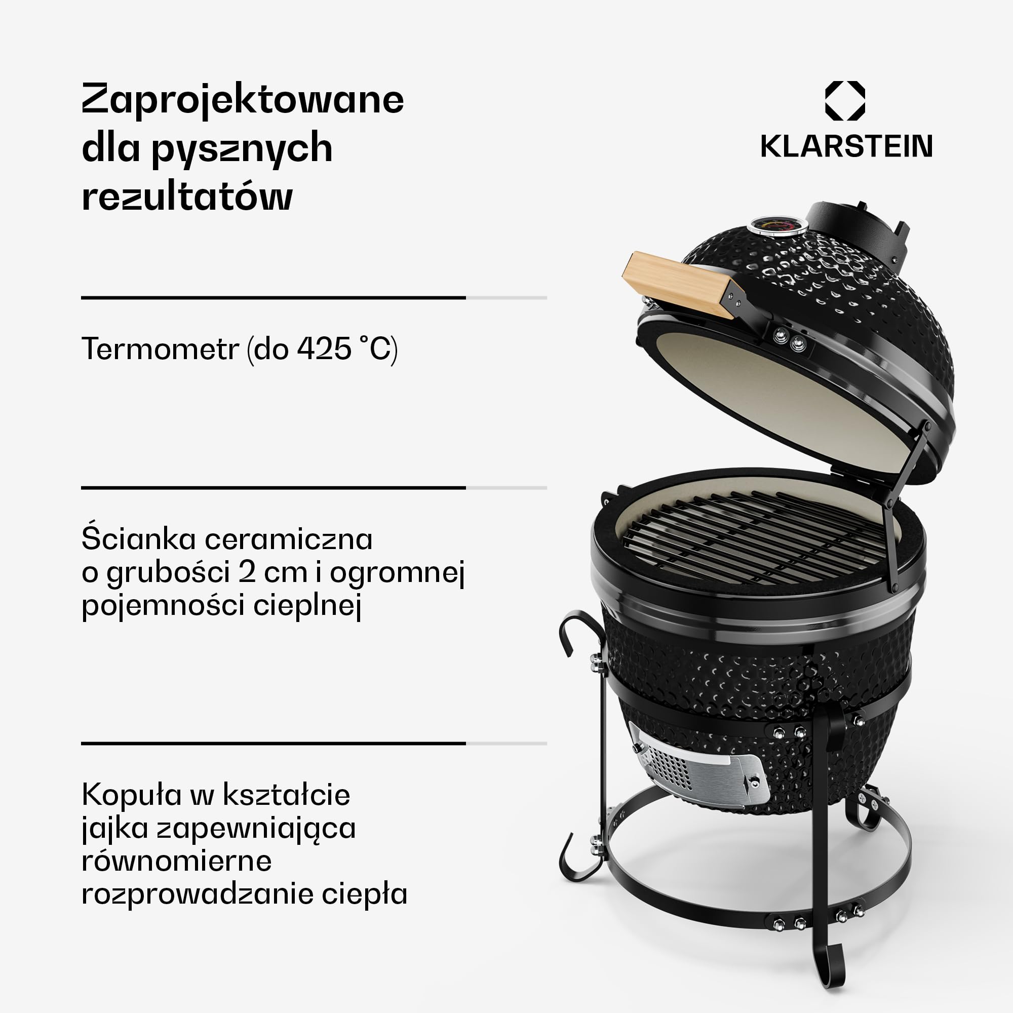 Klarstein Princesize grill Kamado, ceramiczny grill na węgiel drzewny, z pokrywką, ceramika, dobre magazynowanie ciepła, termometr wewnętrzny, drewniany uchwyt, zdejmowany stelaż, czarny