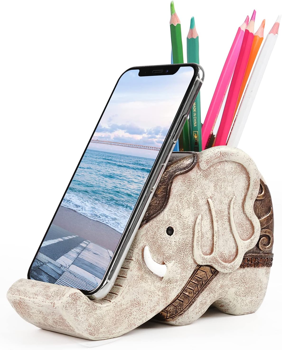 MOKANI Pen Pencil Holder with Phone Stand, Multifunctional Elephant Shaped Desk Organizer Desk Decor Elephant Gifts for Women Cute Desk Accessories Home Office Decoration Thanksgiving Christmas Gift