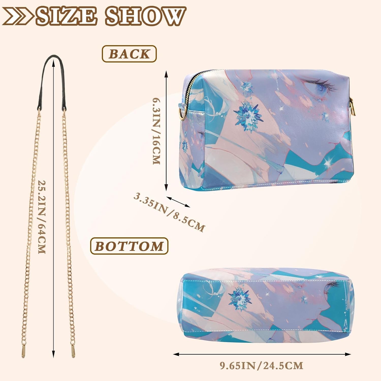 Glittering Blue Anime Girl Small Crossbody Bag Women Vegan Leather Women's Purses Zip Woman Shoulder Handbags