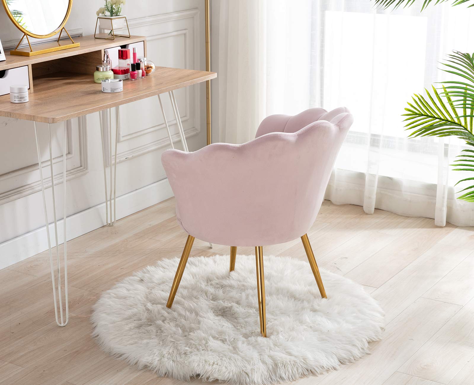 chairus Fauteuil de Salon Moderne Chaise Coquillage avec Pied Métal Fauteuil Coiffeuse Coussin Confortable pour Chambre/Salon (Rose Clair)