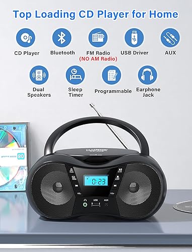 Miniatura 2 de Greadio Boombox - Reproductores de CD portátiles para el hogar con Bluetooth, Boom Box, reproductor de CD y radio FM, sonido estéreo, alimentado por