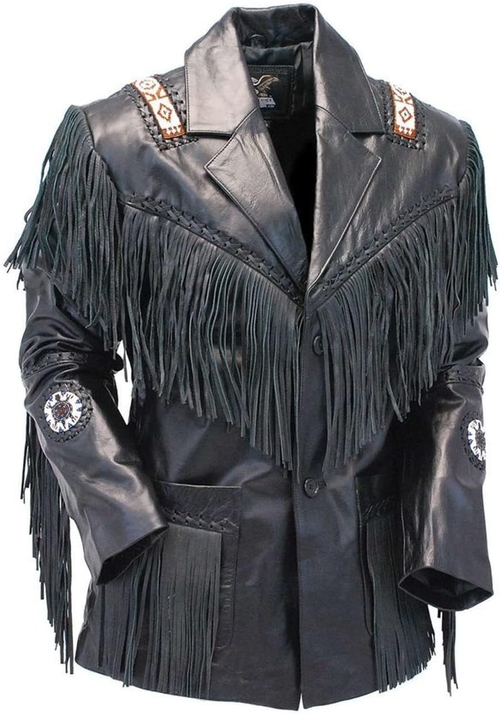 Western Cowboy Leather Fashion Jacket For Mens Fringe & Beaded Native American Coat - Black