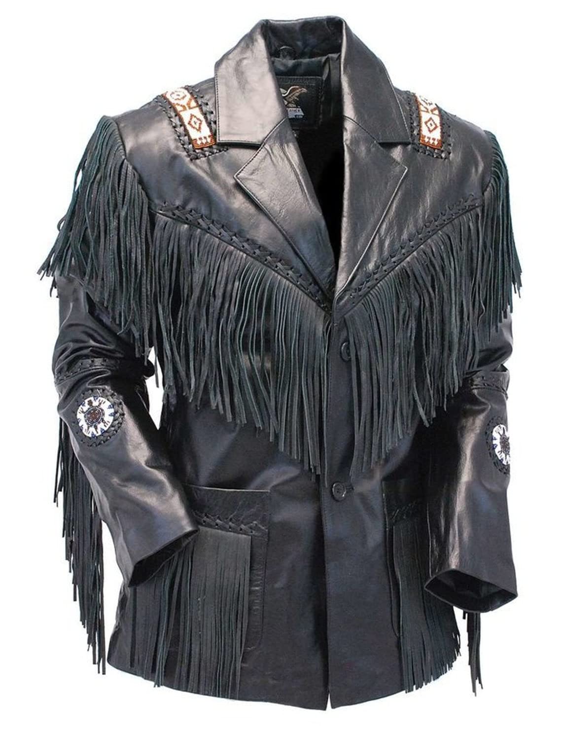 Q PMen's Fashion Western Genuine Cowhide Leather Cowboy Jacket Native American Wears Fringed & Beaded