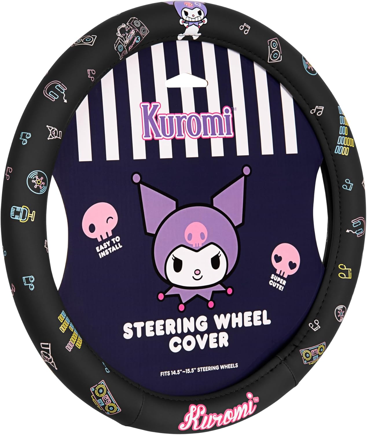 Sanrio Hello Kitty and Friends Kuromi Black Car Steering Wheel Cover, Universal Fit Cute Accessories for Women Stylish Decor Gifts Hello Kitty Accessories - Fits Standard Wheels 14.5"-15"