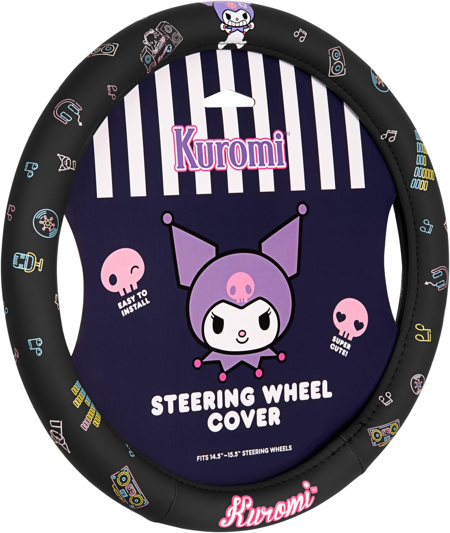 Sanrio Hello Kitty and Friends Kuromi Black Car Steering Wheel Cover, Universal Fit Cute Accessories for Women Stylish Decor Gifts Hello Kitty Accessories - Fits Standard Wheels 14.5"-15"