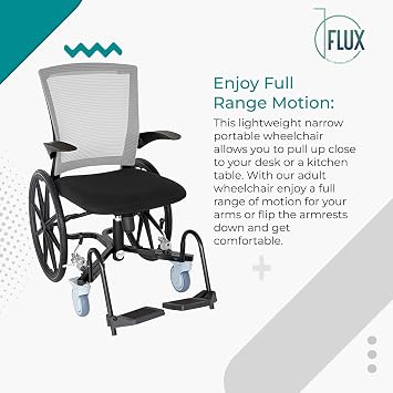 FLUX Dart Narrow Wheelchair for Adults and Seniors, Small Spaces, Lightweight, 21.75 Width 300 lbs Weight Capacity 19-22 Seat Height Adjustable with Push Bar, Flip-Up Armrests and Footrests, Gray