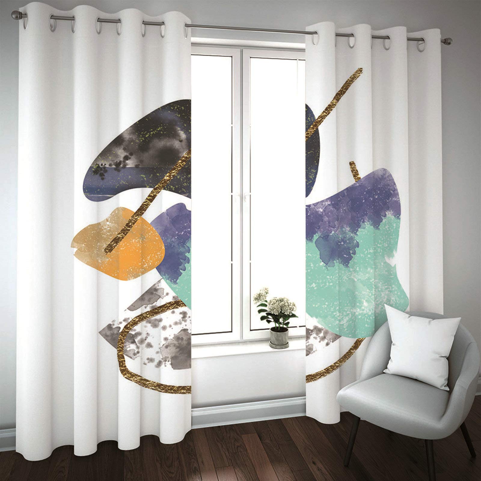 Daesar - Cortinas Salón Opacas 2 Piezas,Cortina Salon 214x274CM Cortinas Blackout Habitacion Blanco Cortinas de Poliester Bloque de Acuarela de Arte