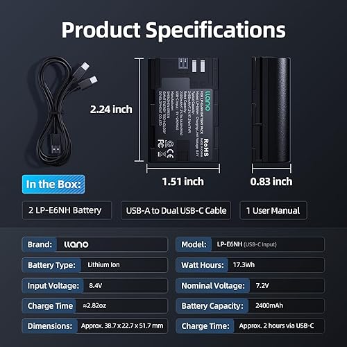 Miniatura 9 de llano Paquete de 2 baterías LP-E6NH de 2400 mAh con carga rápida USB-C para Canon R5R6R7 Mark II, 5D6D7D Mark IIIIIIV, 60D70D80D90D, totalmente