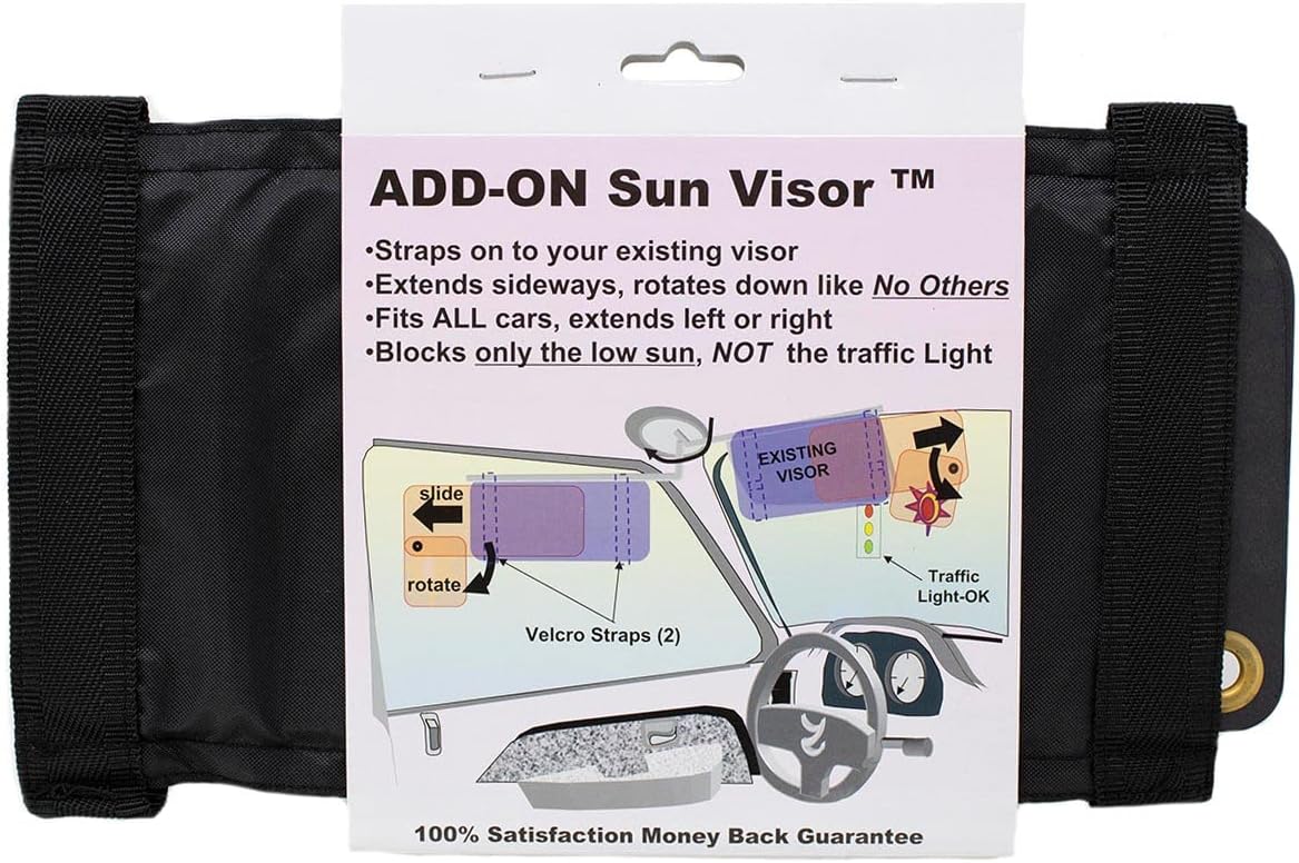 New Invention Safety Sun Shade Visor, must have for commuters driving into the sun daily, more comfort and safer, extends 6 inches left,right and DOWN, works on side window too, driver or passenger