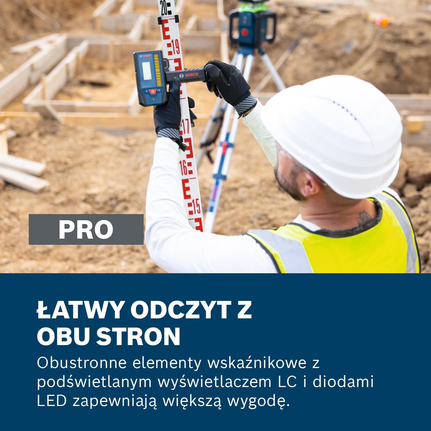Bosch PRO Odbiornik Laserowy LR3-2 (obustronne elementy wskaźnikowe, pole odbioru 80 mm, kompatybilny z laserami obrotowymi wyposażonymi w zieloną lub czerwoną wiązką laserową, wbudowane magnesy)