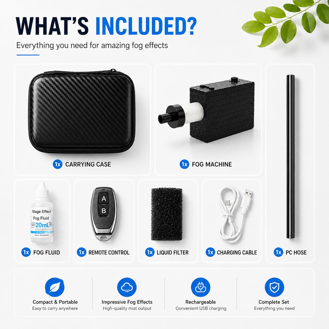 Encendido instantáneo, 3 niveles de humo, temporizador con protección automática, ideal para fotografía, vídeo, bodas y fiestas | Mini máquina de humo portátil con batería y mando a distancia